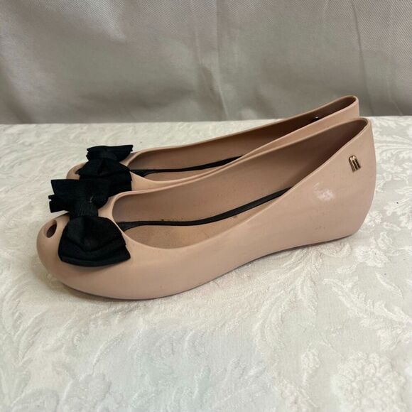 Melissa Pink Ballet Flats with Black Bow Rubber Slip On Size 7 - Picture 2 of 11